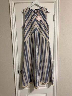 Umgee Blue and Cream Striped Sleeveless A-Line Dress NWT